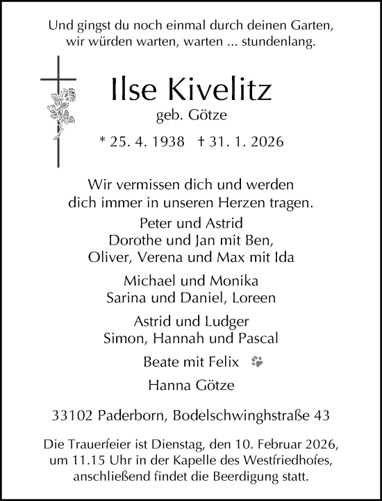 Traueranzeige von Ilse Kivelitz von Neue Westfälische und Westfalen-Blatt