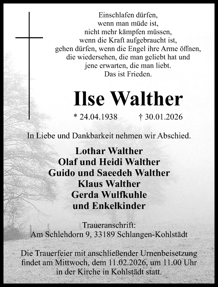  Traueranzeige für Ilse Walther vom 07.02.2026 aus Neue Westfälische und Westfalen-Blatt