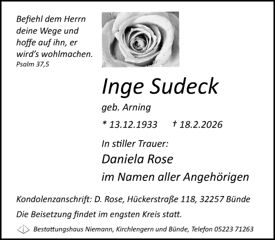 Traueranzeige von Inge Sudeck von Neue Westfälische und Westfalen-Blatt