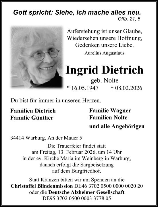 Traueranzeige von Ingrid Dietrich von Neue Westfälische und Westfalen-Blatt
