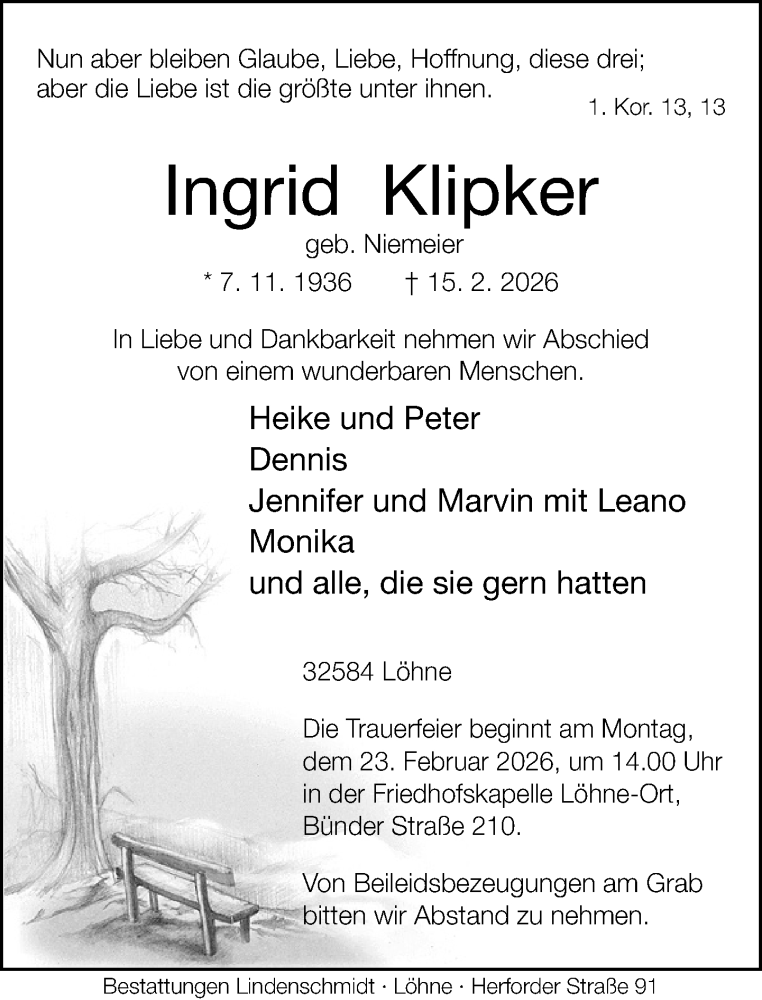 Traueranzeige für Ingrid Klipker vom 21.02.2026 aus Neue Westfälische und Westfalen-Blatt