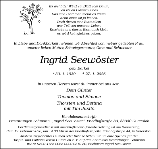 Traueranzeige von Ingrid Seewöster von Neue Westfälische und Westfalen-Blatt