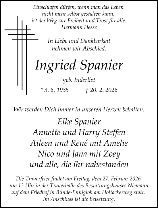 Traueranzeige von Ingried Spanier von Neue Westfälische und Westfalen-Blatt