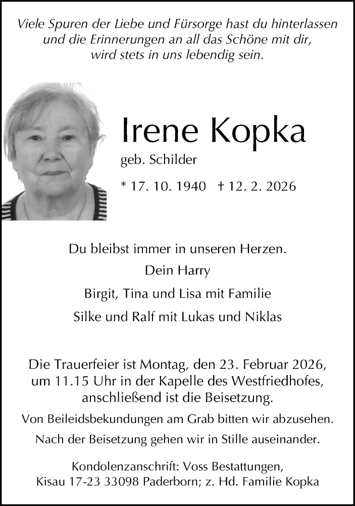  Traueranzeige für Irene Kopka vom 18.02.2026 aus Neue Westfälische und Westfalen-Blatt