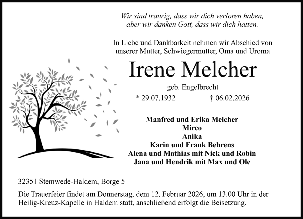  Traueranzeige für Irene Melcher vom 10.02.2026 aus Neue Westfälische und Westfalen-Blatt