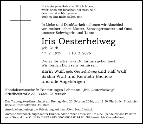 Traueranzeige von Iris Oesterhelweg von Neue Westfälische und Westfalen-Blatt