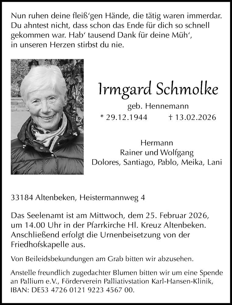  Traueranzeige für Irmgard Schmolke vom 21.02.2026 aus Neue Westfälische und Westfalen-Blatt