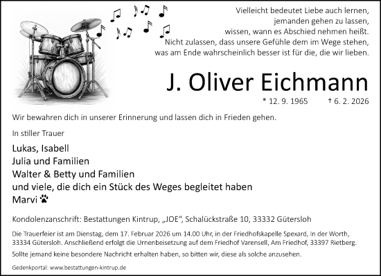 Traueranzeige von J. Oliver Eichmann von Neue Westfälische und Westfalen-Blatt