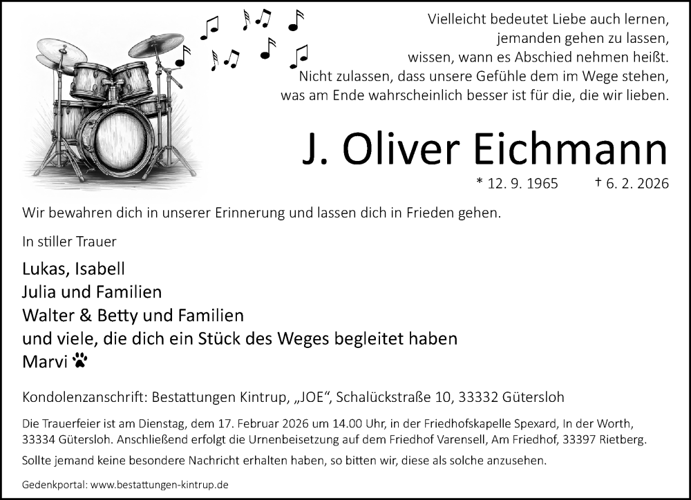  Traueranzeige für J. Oliver Eichmann vom 14.02.2026 aus Neue Westfälische und Westfalen-Blatt
