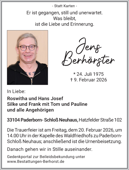 Traueranzeige von Jens Berhörster von Neue Westfälische und Westfalen-Blatt