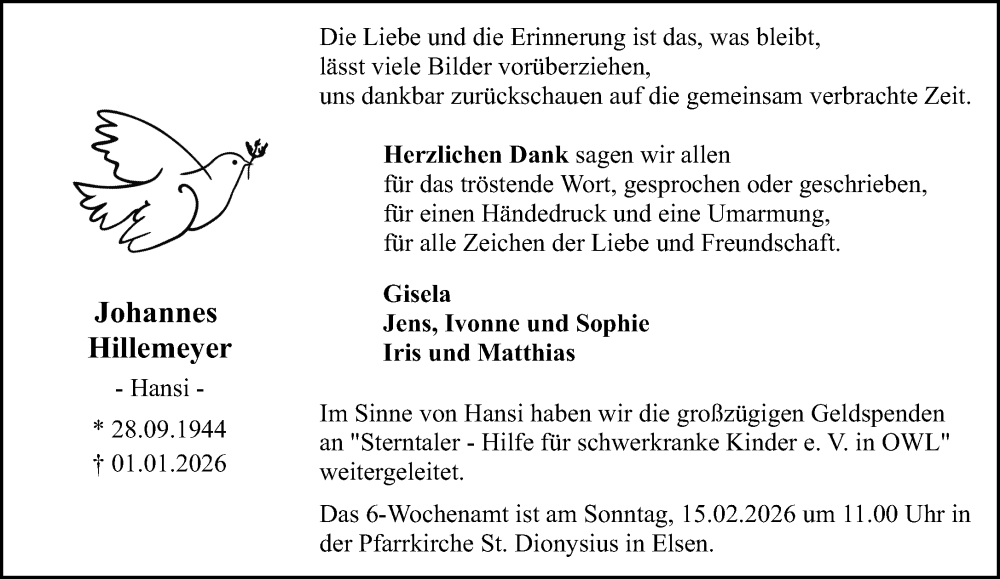  Traueranzeige für Johannes Hillemeyer vom 07.02.2026 aus Neue Westfälische und Westfalen-Blatt