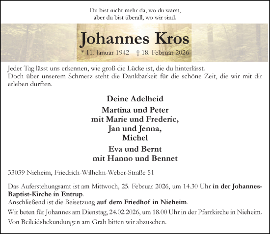 Traueranzeige von Johannes Kros von Neue Westfälische und Westfalen-Blatt