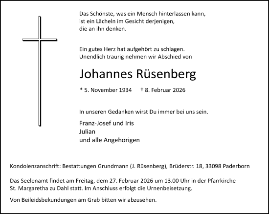 Traueranzeige von Johannes Rüsenberg von Neue Westfälische und Westfalen-Blatt