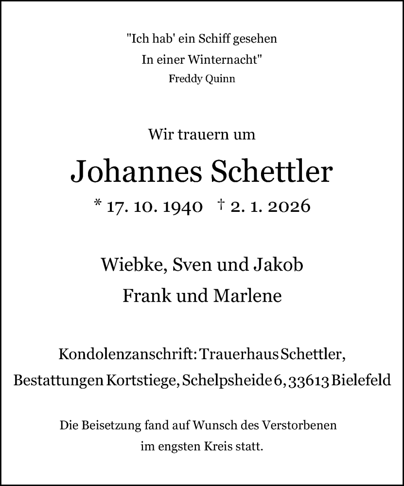  Traueranzeige für Johannes Schettler vom 07.02.2026 aus Neue Westfälische und Westfalen-Blatt