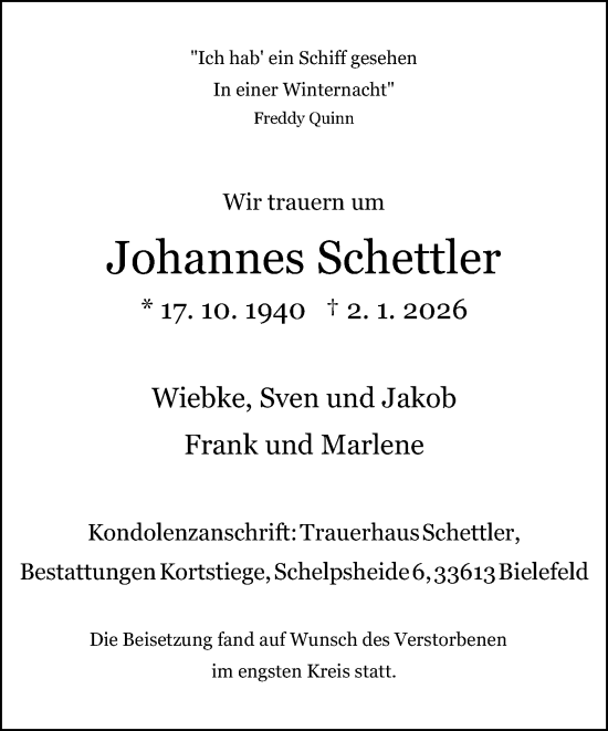 Traueranzeige von Johannes Schettler von Neue Westfälische und Westfalen-Blatt