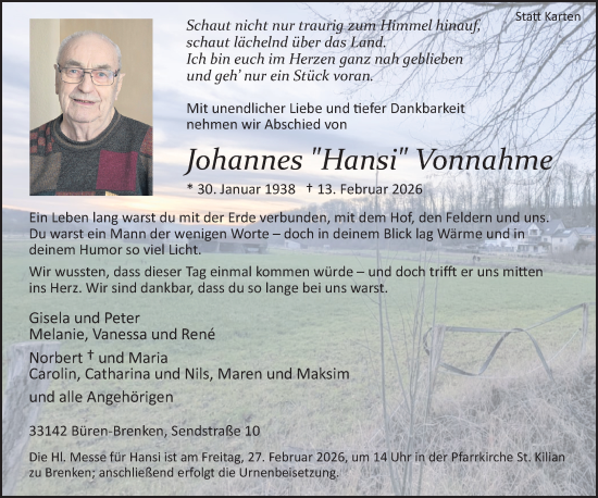Traueranzeige von Johannes Vonnahme von Neue Westfälische und Westfalen-Blatt
