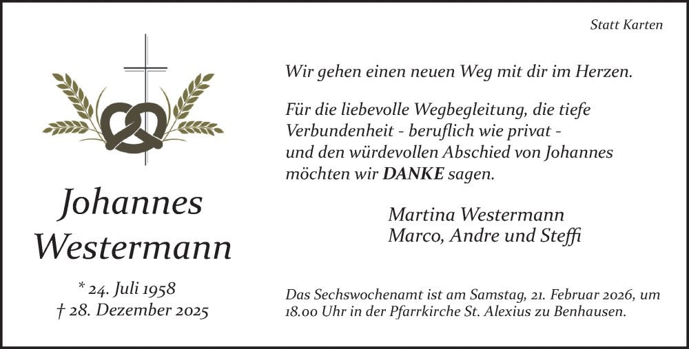  Traueranzeige für Johannes Westermann vom 14.02.2026 aus Neue Westfälische und Westfalen-Blatt