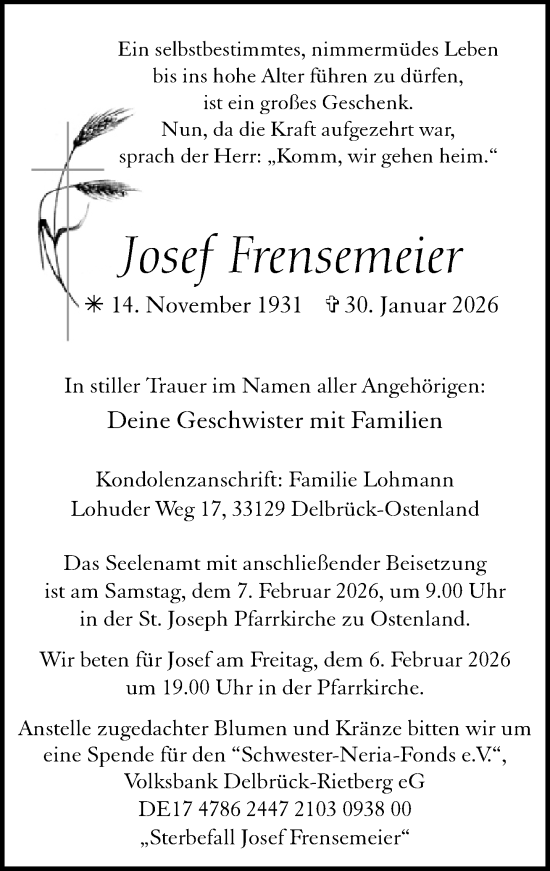 Traueranzeige von Josef Frensemeier von Neue Westfälische und Westfalen-Blatt