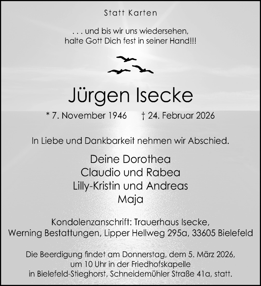  Traueranzeige für Jürgen Isecke vom 28.02.2026 aus Neue Westfälische und Westfalen-Blatt