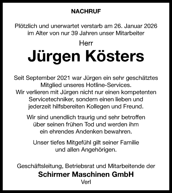 Traueranzeige von Jürgen Kösters von Neue Westfälische und Westfalen-Blatt