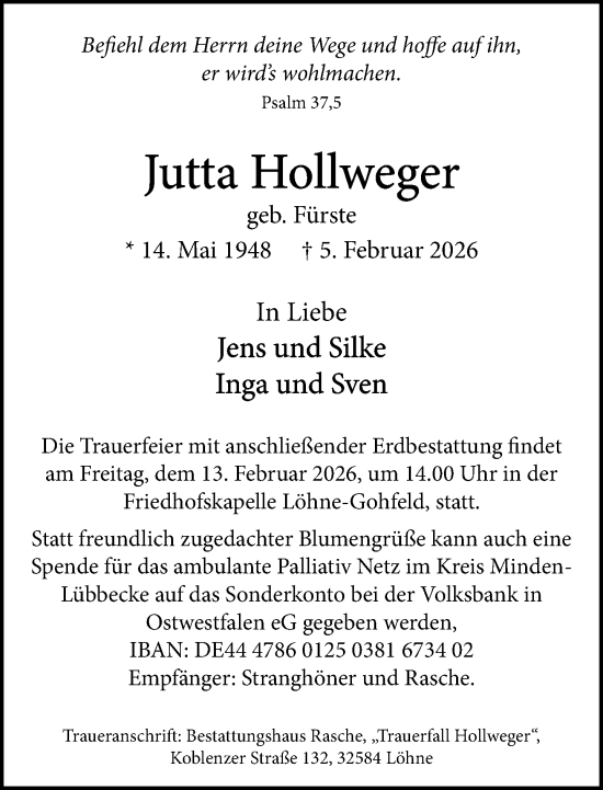 Traueranzeige von Jutta Hollweger von Neue Westfälische und Westfalen-Blatt