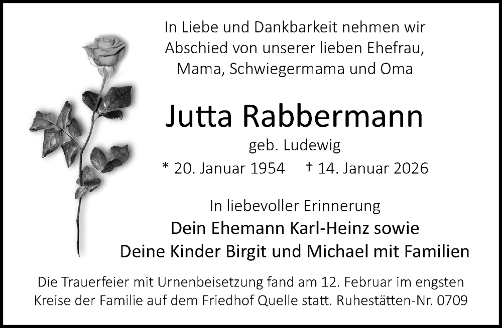  Traueranzeige für Jutta Rabbermann vom 28.02.2026 aus Neue Westfälische und Westfalen-Blatt