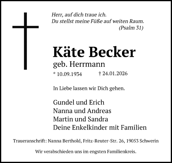 Traueranzeige von Käte Becker von Neue Westfälische und Westfalen-Blatt