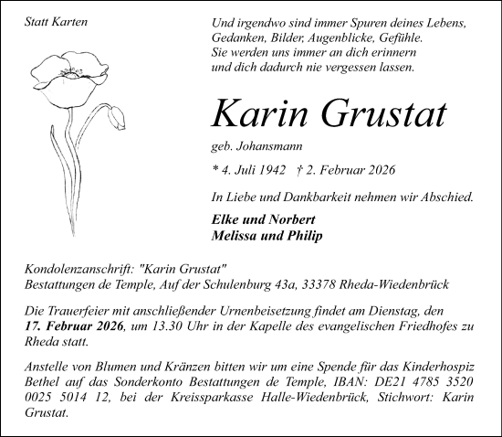 Traueranzeige von Karin Grustat von Neue Westfälische und Westfalen-Blatt
