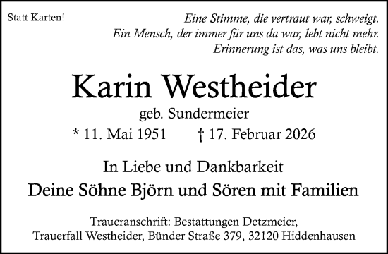 Traueranzeige von Karin Westheider von Neue Westfälische und Westfalen-Blatt