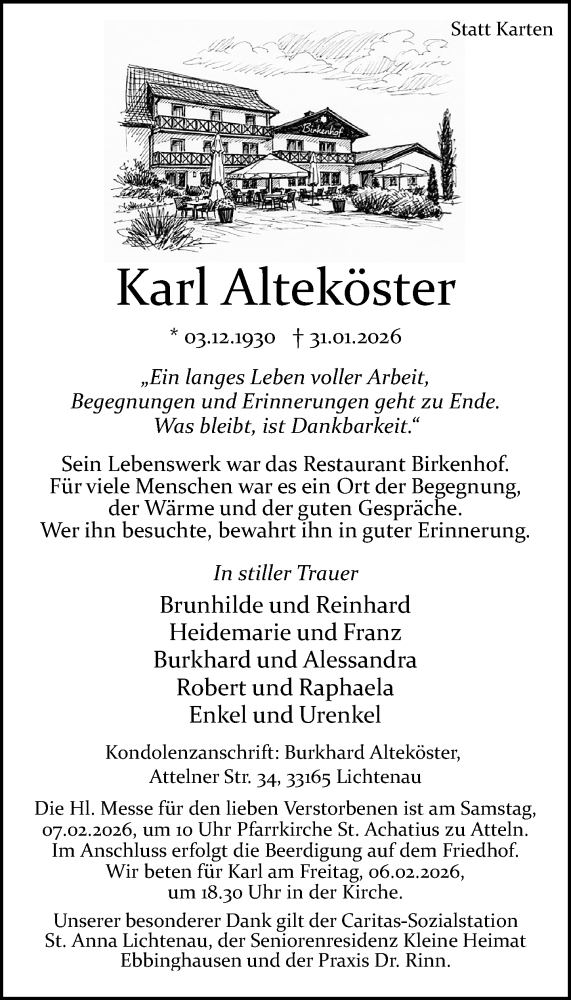  Traueranzeige für Karl Alteköster vom 04.02.2026 aus Neue Westfälische und Westfalen-Blatt