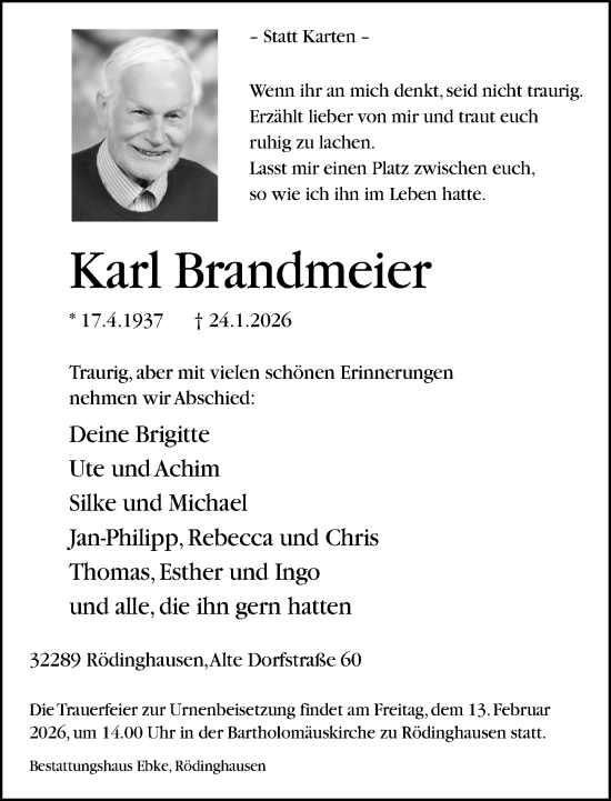 Traueranzeige von Karl Brandmeier von Neue Westfälische und Westfalen-Blatt