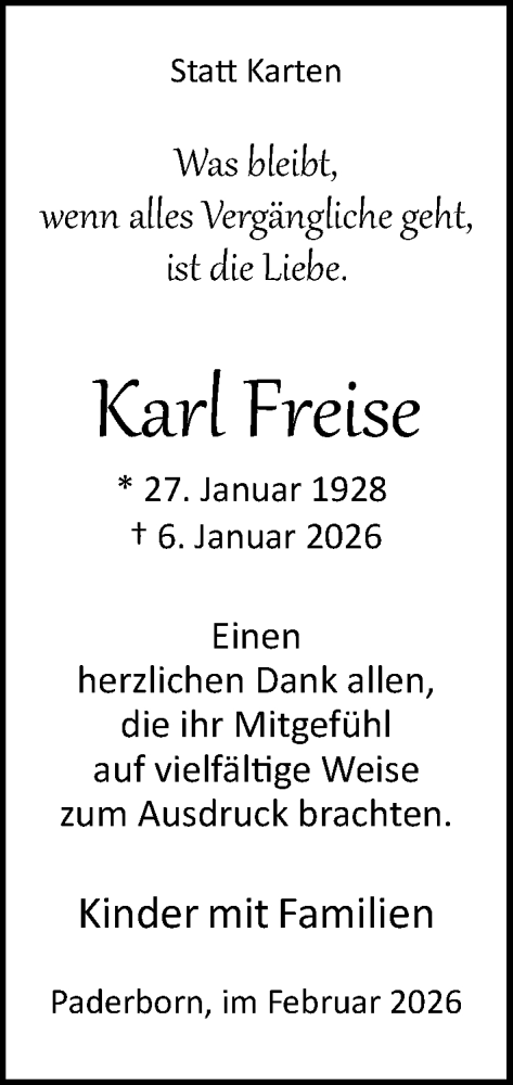 Traueranzeige von Karl Freise von Neue Westfälische und Westfalen-Blatt