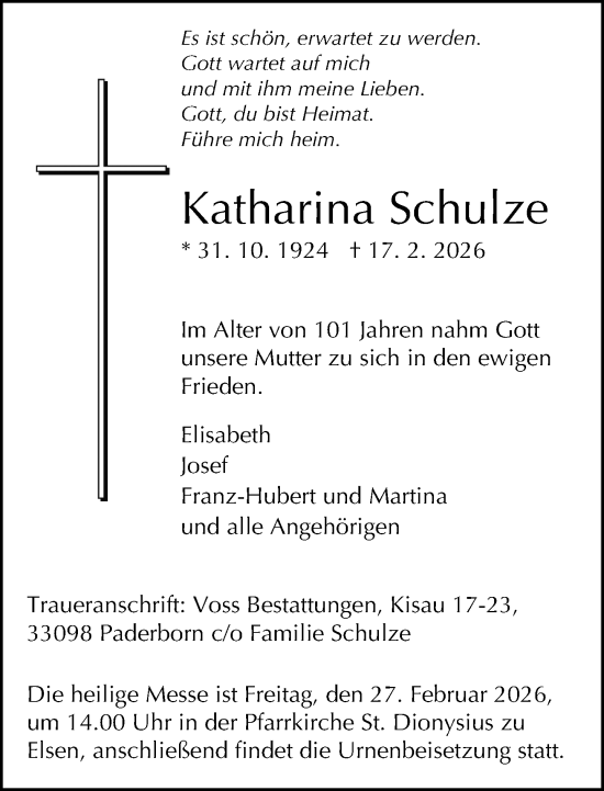 Traueranzeige von Katharina Schulze von Neue Westfälische und Westfalen-Blatt