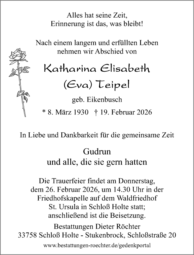  Traueranzeige für Katharina Elisabeth Teipel vom 21.02.2026 aus Neue Westfälische und Westfalen-Blatt