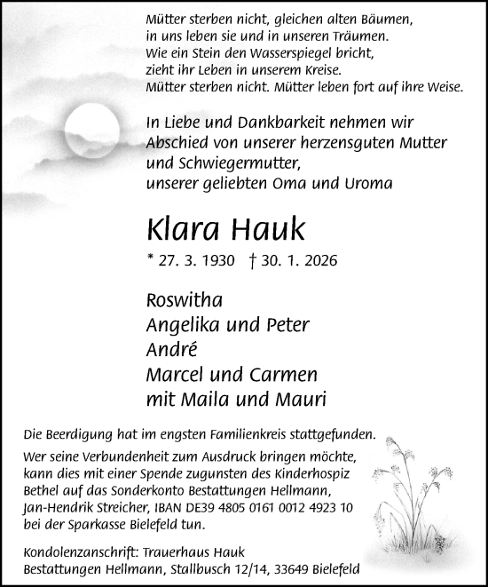 Traueranzeige von Klara Hauk von Neue Westfälische und Westfalen-Blatt