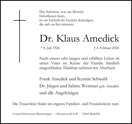 Traueranzeige von Klaus Amedick von Neue Westfälische und Westfalen-Blatt
