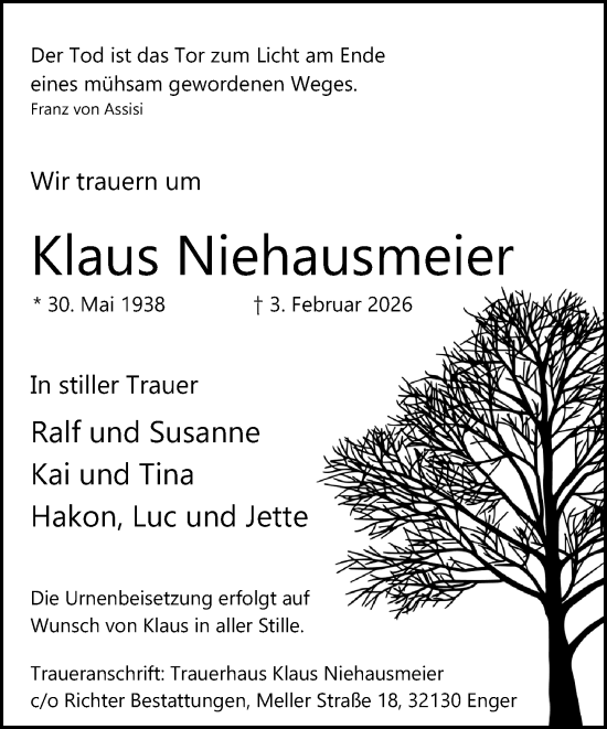 Traueranzeige von Klaus Niehausmeier von Neue Westfälische und Westfalen-Blatt