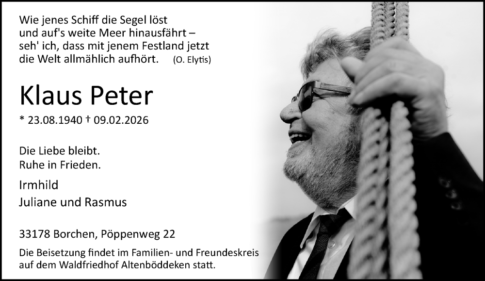  Traueranzeige für Klaus Peter  vom 14.02.2026 aus Neue Westfälische und Westfalen-Blatt