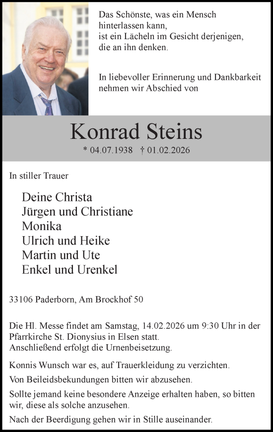 Traueranzeige von Konrad Steins von Neue Westfälische und Westfalen-Blatt