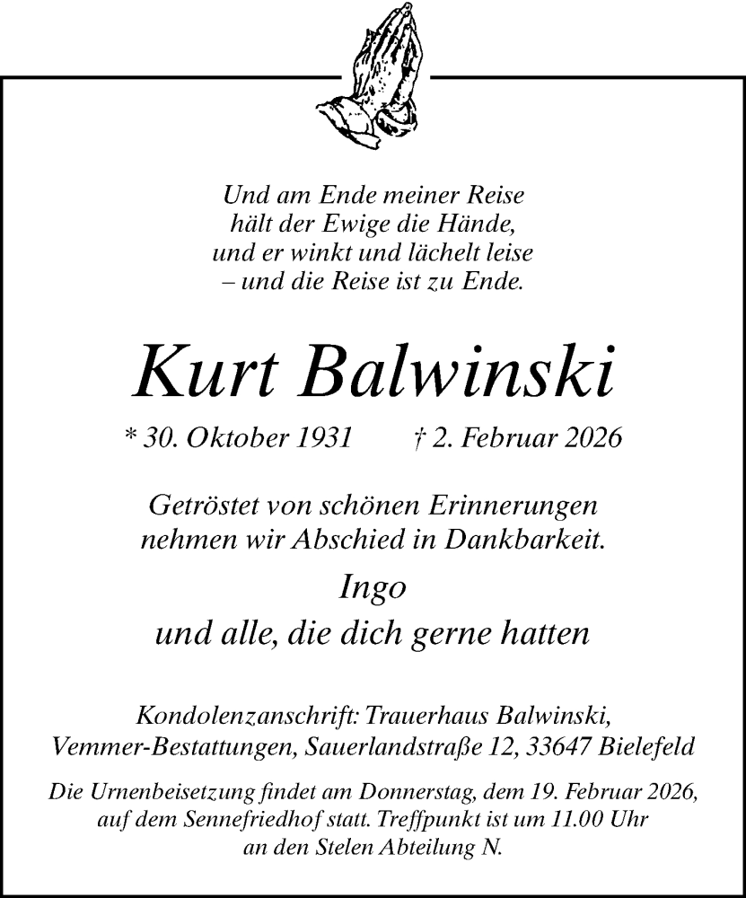  Traueranzeige für Kurt Balwinski vom 07.02.2026 aus Neue Westfälische und Westfalen-Blatt