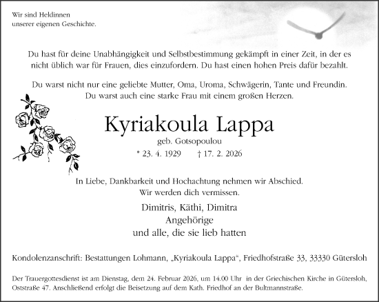 Traueranzeige von Kyriakoula Lappa von Neue Westfälische und Westfalen-Blatt