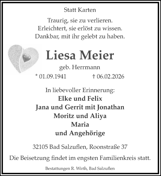 Traueranzeige von Liesa Meier von Neue Westfälische und Westfalen-Blatt