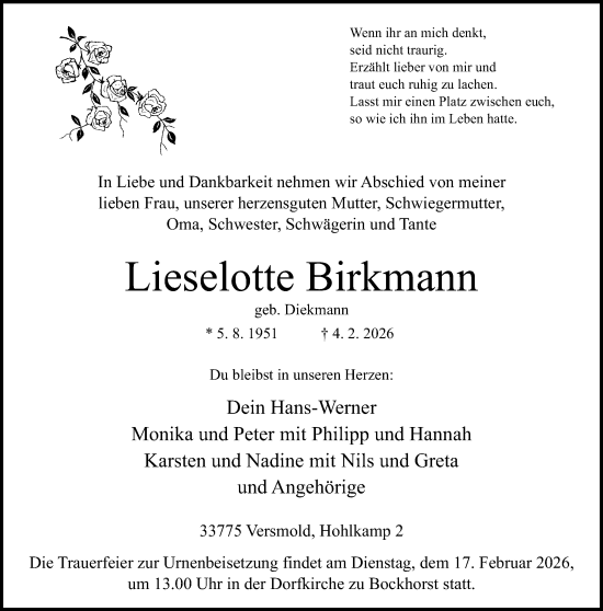 Traueranzeige von Lieselotte Birkmann von Neue Westfälische und Westfalen-Blatt