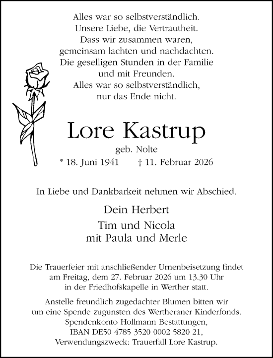 Traueranzeige von Lore Kastrup von Neue Westfälische und Westfalen-Blatt