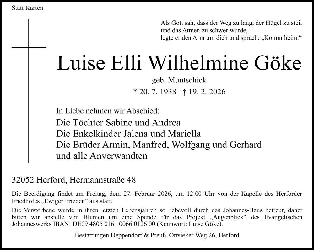  Traueranzeige für Luise Elli Wilhelmine Göke vom 24.02.2026 aus Neue Westfälische und Westfalen-Blatt