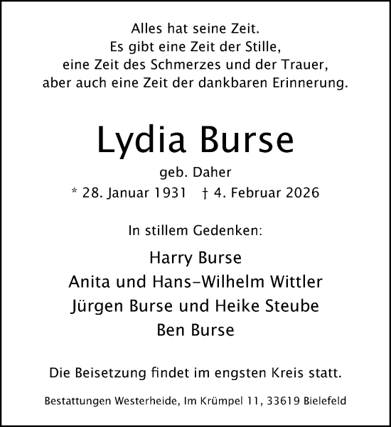 Traueranzeige von Lydia Burse von Neue Westfälische und Westfalen-Blatt