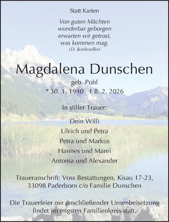 Traueranzeige von Magdalena Dunschen von Neue Westfälische und Westfalen-Blatt