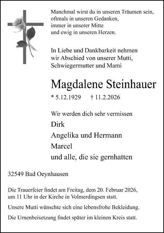 Traueranzeige von Magdalene Steinhauer von Neue Westfälische und Westfalen-Blatt