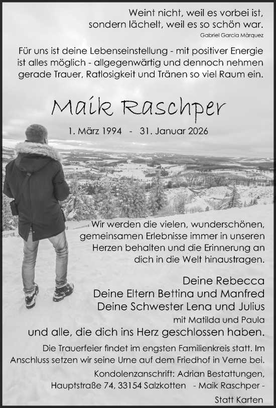 Traueranzeige von Maik Raschper von Neue Westfälische und Westfalen-Blatt