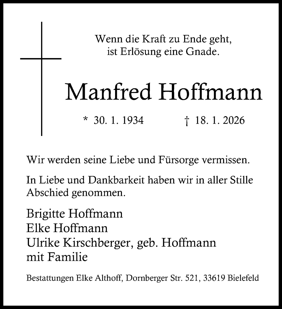  Traueranzeige für Manfred Hoffmann vom 07.02.2026 aus Neue Westfälische und Westfalen-Blatt